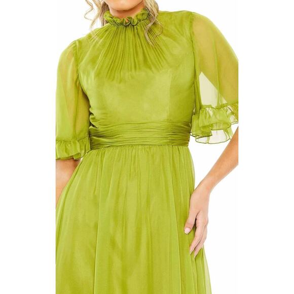 Mac Duggal #68229 Green Ruffled Mock Neck Flutter Sleeve High Low Hem Gown - Picture 3 of 11